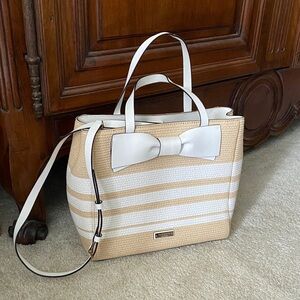 Kate Spade Beige and White Striped Tote with bow and strap